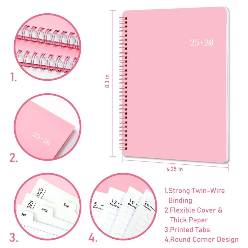 Vondafe 2025-2026 Academic Planner - Academic Planner 2025-2026, July 2025 - June 2026, 6.2"" x 8.3"", Flexible Cover, A5 Thick Paper, Twin-Wire Binding - Pink - Image 3